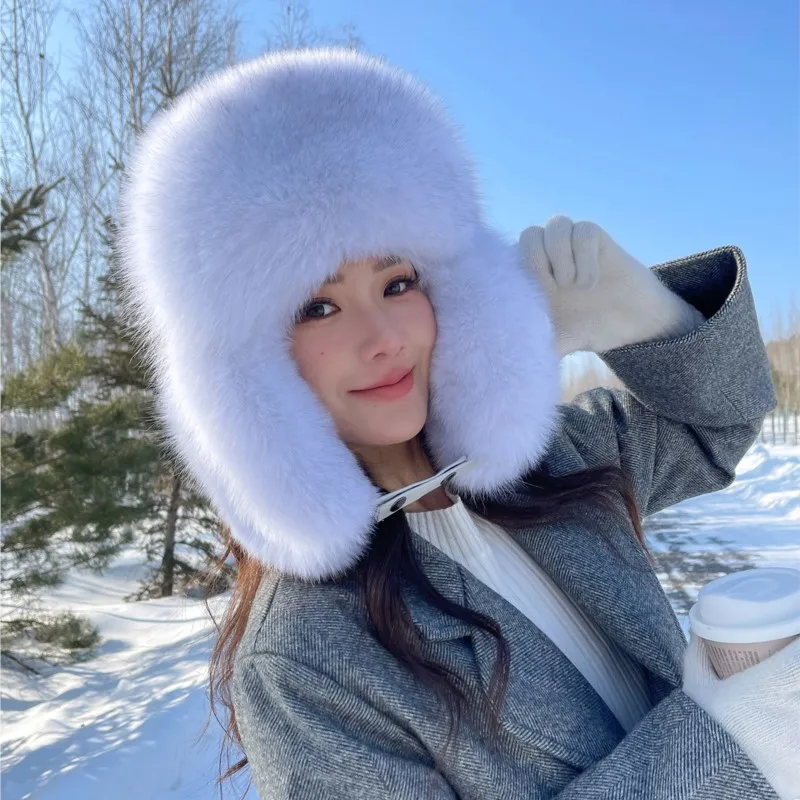 

Winter warm real fox fur ear-protecting hats Women's genuine leather windproof warm fox fur bomber hat thickened sheepskin cap