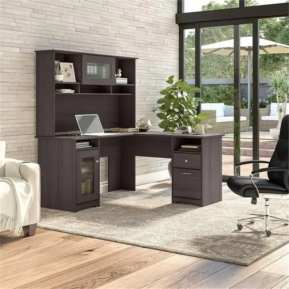 60 L-Shaped Wood Desk with Hutch, Heather Gray, Wire Management, Storage, Adjustable Shelves, Home Office Computer Desk