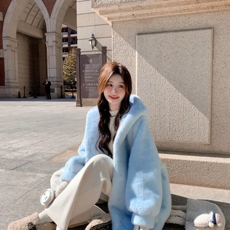 

Sweet Women's Fall Winter Tops Jacket Faux Fur Mid-length Hooded Luxury Brand Warm Simple Soft Casual Big Size Loose Harajuku