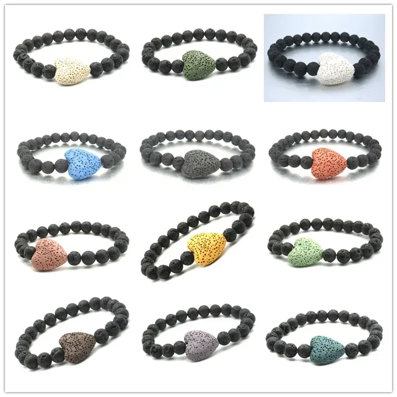 10pcs Colorful Heart Lava Stone Essential Oil Diffuser Bracelet 8mm Volcanic Aromatherapy Jewelry Bracelets Men and Women fire