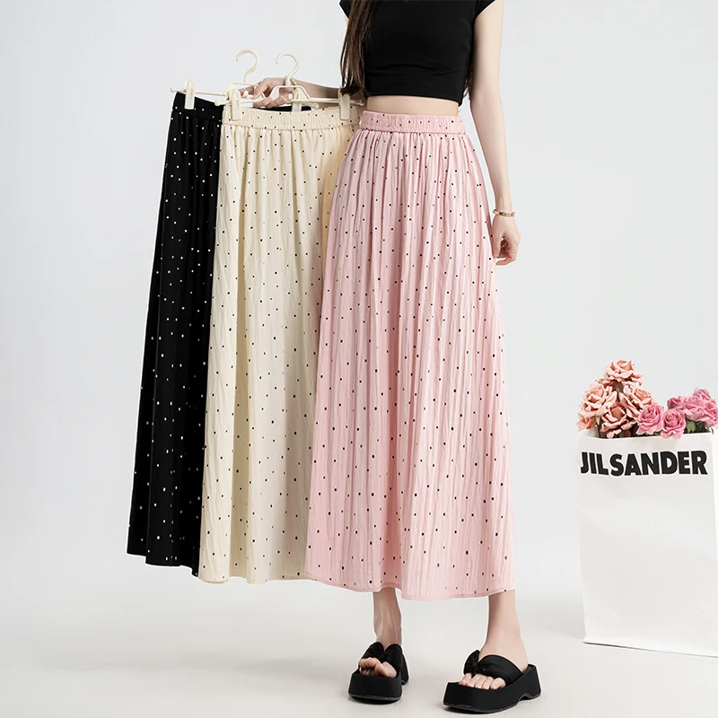 

Polka Dot Cotton Linen Pleated Skirt Women Korean Fashion Spring/Summer Midi Long Skirt