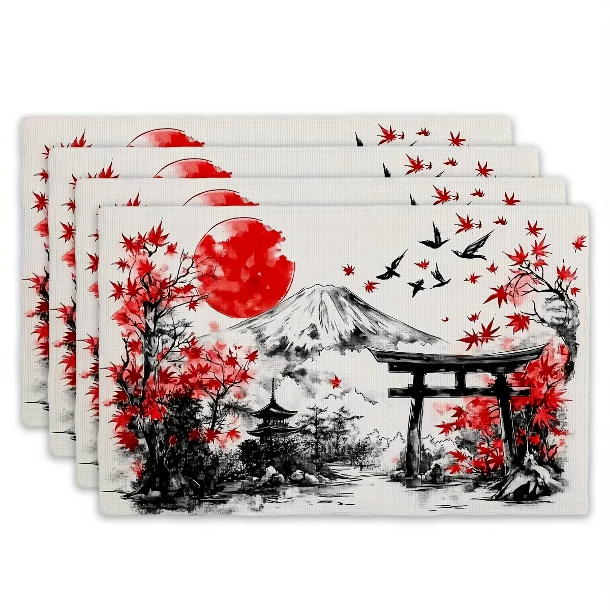 

Japanese Style Placemats Set Of 4 Linen FabricMount Fuji Red Sun CherryBlossoms Table Mats AsianDecor Kitchen Dining Accessories