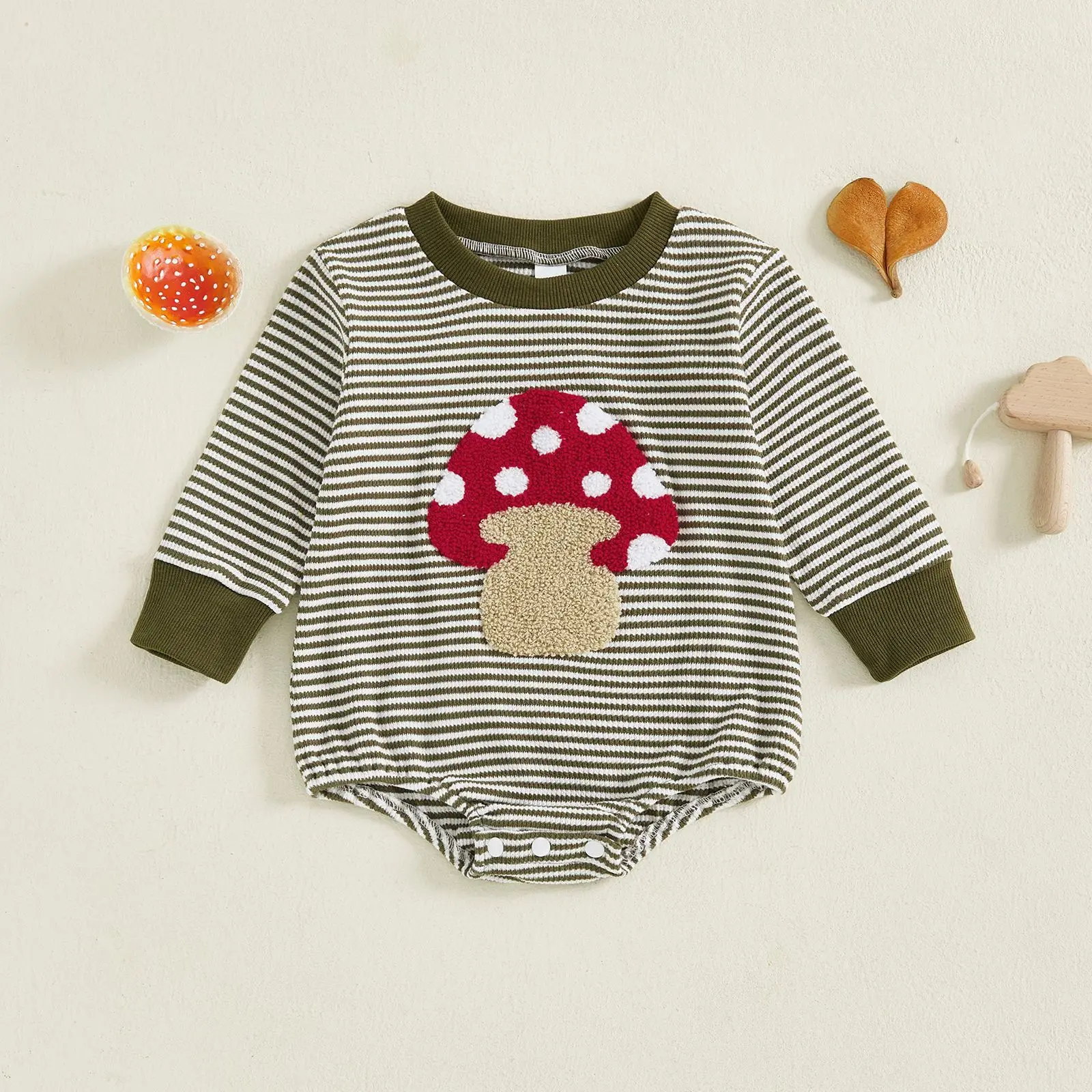

Cottagecore Mushroom Striped Long Sleeve Baby Romper Autumn 0-18M Jumpsuit for Baby Boys Girls