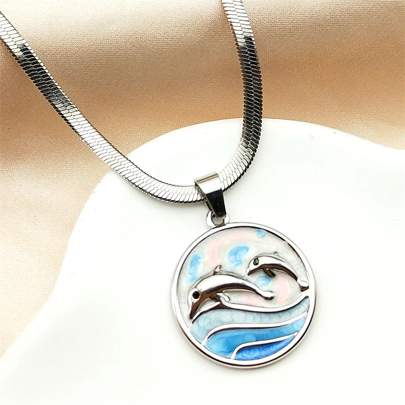 دولفين الأم والطفل المينا قلادة قلادة للنساء الفولاذ المقاوم للصدأ الذهب اللون خمر موجات المختنق سلسلة مجوهرات الأسرة