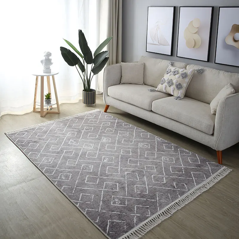 Tassel Gray Rugs for Living Room Coffee Tables Rug Modern Minimalist Bedroom Carpet Bedside Geometric Floor Mat Anti-skid Rug