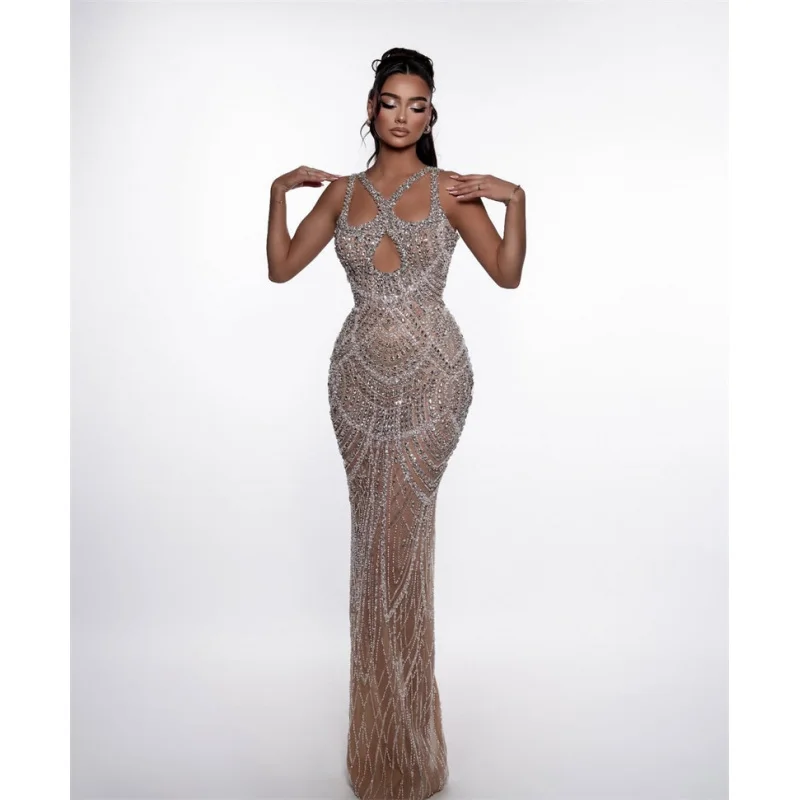 جديد وصول رائعة الترتر التطريز مثير المنخفضة قطع الجوف خارج أكمام Bodycon الشمبانيا فستان هوت كوتور ثوب مسائي