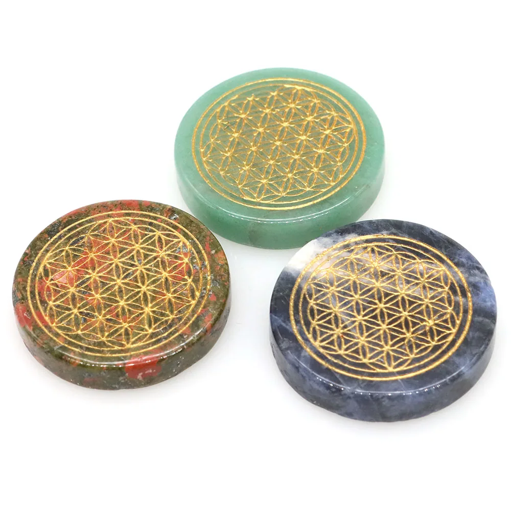 Natural Crystal Flower of Life Chakra Healing Gemstone Charging Plate Yoga Meditation Home Decor Sacred Geometry Palm Stone 1.4