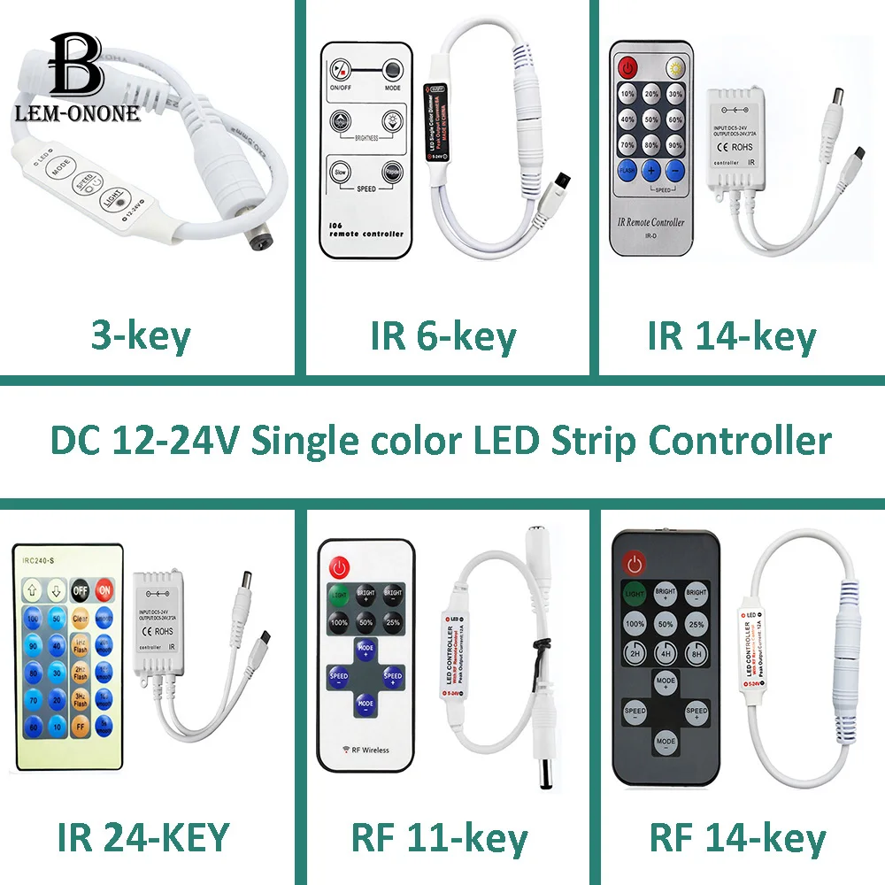 DC12V Single Color LED Strip Controller IR/RF Remote Control 3-key Adjust the Brightness of the Light Multiple Modes Dimmers