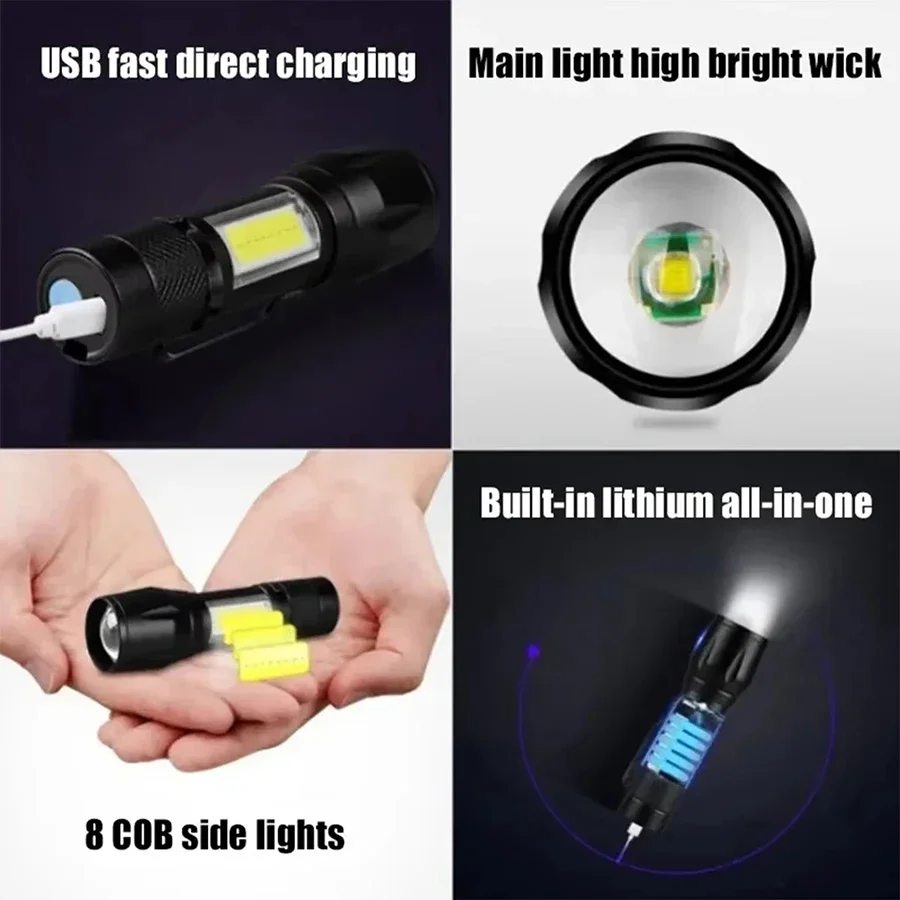EDC مصباح يدوي قابل لإعادة الشحن T6 LED زوومابلي Cob الشعلة التكتيكية IPX4 مقاوم للماء ضوء محمول ، التخييم في الهواء الطلق المشي لمسافات طويلة في حالات الطوارئ