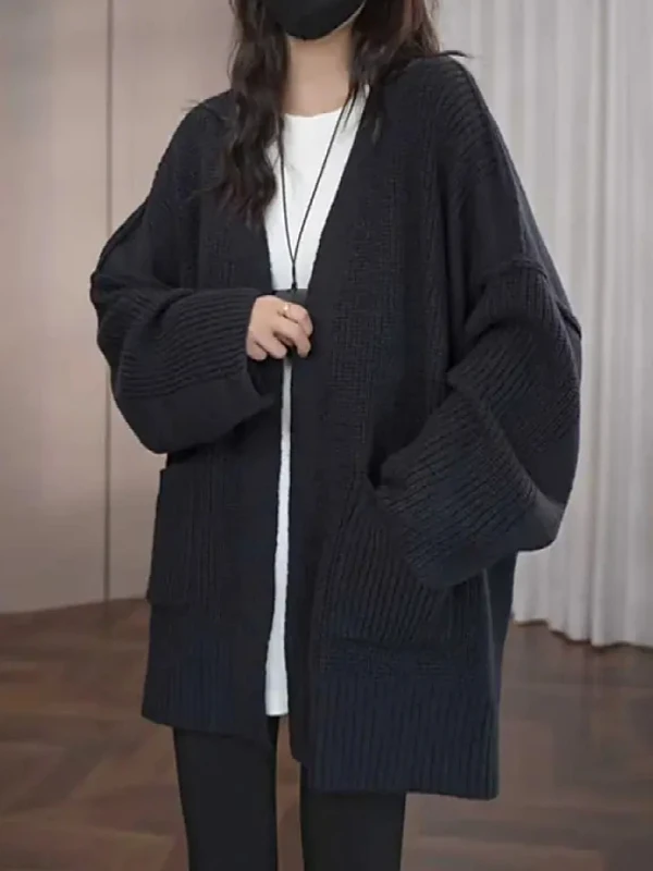 

Женский вязаный кардиган-пальто свободного кроя больших размеров, осенне-зимний, с V-образным вырезом, длинными рукавами, стройнящий, на пуговицах