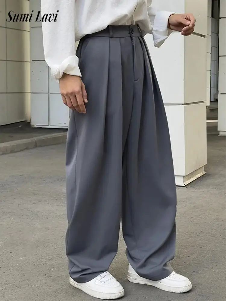 

Модные мужские драпированные плиссированные прямые брюки, весенне-осенние стильные свободные брюки, уличная одежда, мужские новые повседневные однотонные брюки для костюма