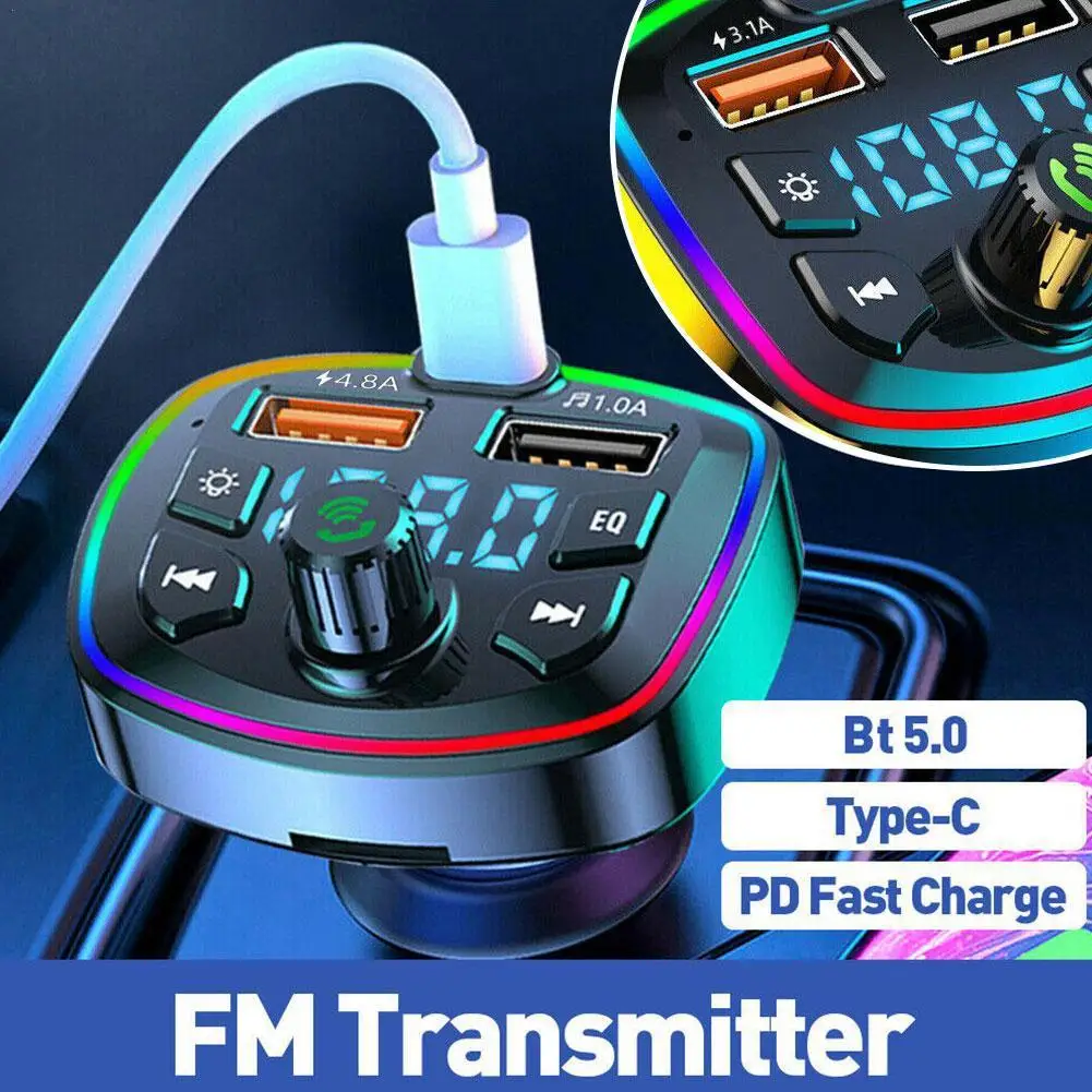 Car Charger FM Transmitter Bluetooth5.0 Hands Free True 3.1A Dual USB Port PD FastCharging MP3 Music TF Card U disk AUX Player