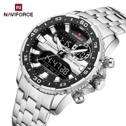 2024 New Style NAVIFORCE Men's LCD Digital Watch Fashion Casual Date and Week Display Waterproof Stainless Steel Band Wristwatch