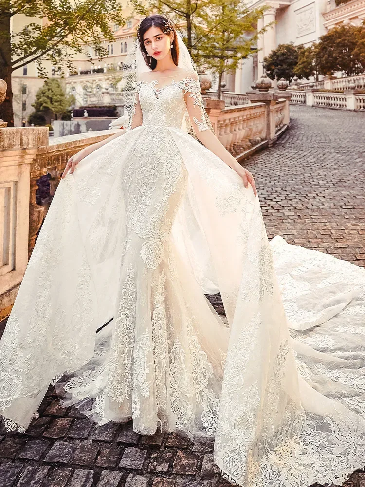 

2024 Boho Mermaid Lace Long Wedding Dresses With Detachable Train Sheer Neck Bridal Gowns Vestido Novia Appliques Bride Dress