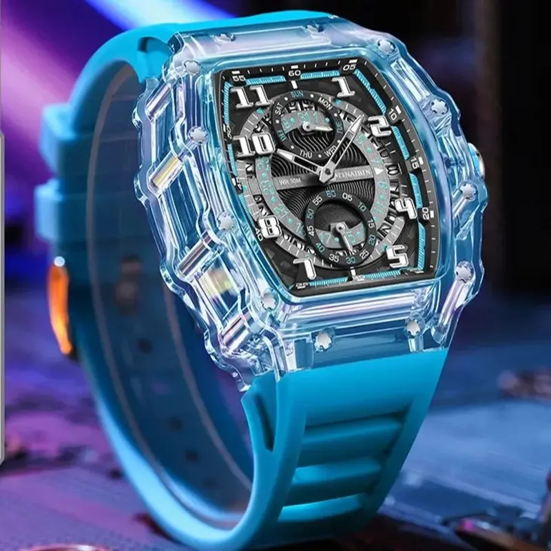 Nuevo diseño transparente Tonneau reloj de cuarzo hombres deporte fuera de puerta cronógrafo relojes de pulsera impermeable banda de silicona montre homme