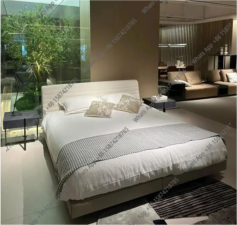 

J Bed Italian Minimalist Designer Suspended Cotton And Linen Fabric Saddle Leather Double 1.8 Master Bed Minimalist Minimalist I