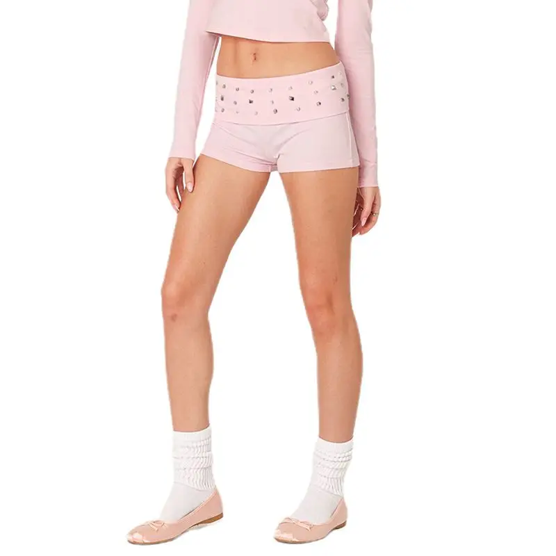Combhasaki Women Summer Y2K Slim Fit Shots Elastic Folded Low Waist Rivet Decor Solid Color Aesthetic Gothic Bottoms Streetwear