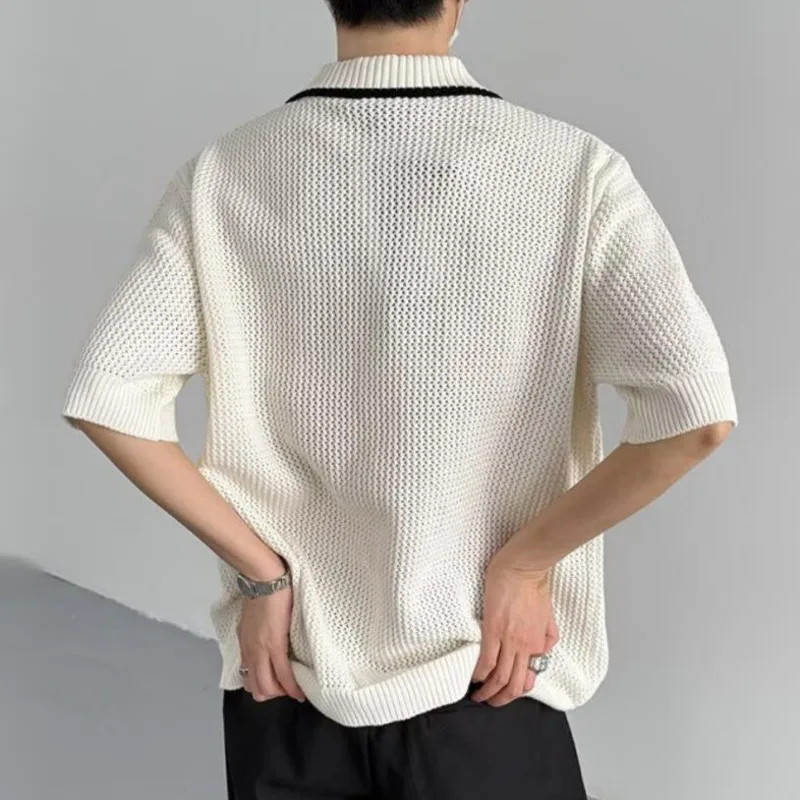 WVGA Summer New Men's American Style Hollow Out Knitted Trendy Short Sleeve Shirt Niche Chic Casual Turn-Down Collar Tops W23592