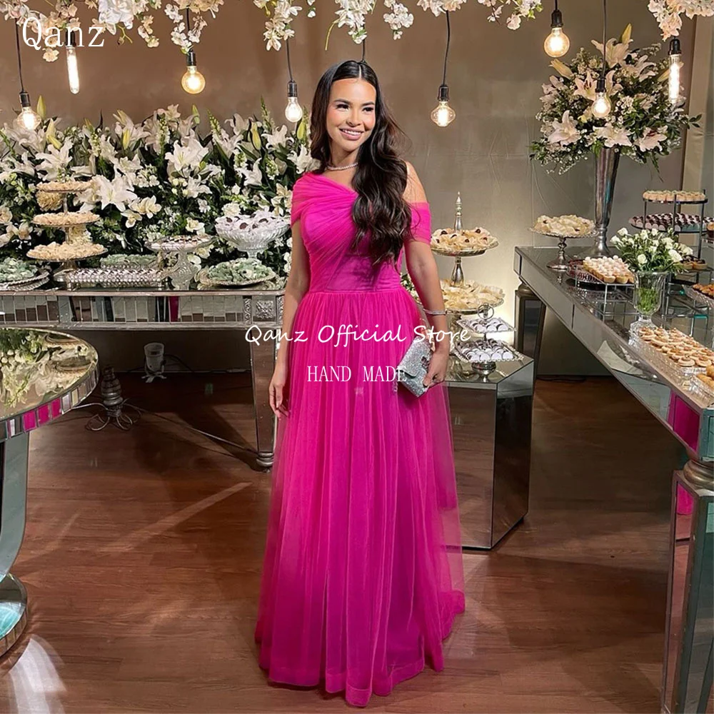 

Qanz Fuchsia Vestidos De Fiestas Elegantes Mujer Off The Shoulder Tulle Evening Dresses Floor Length Formal Occasion Customized