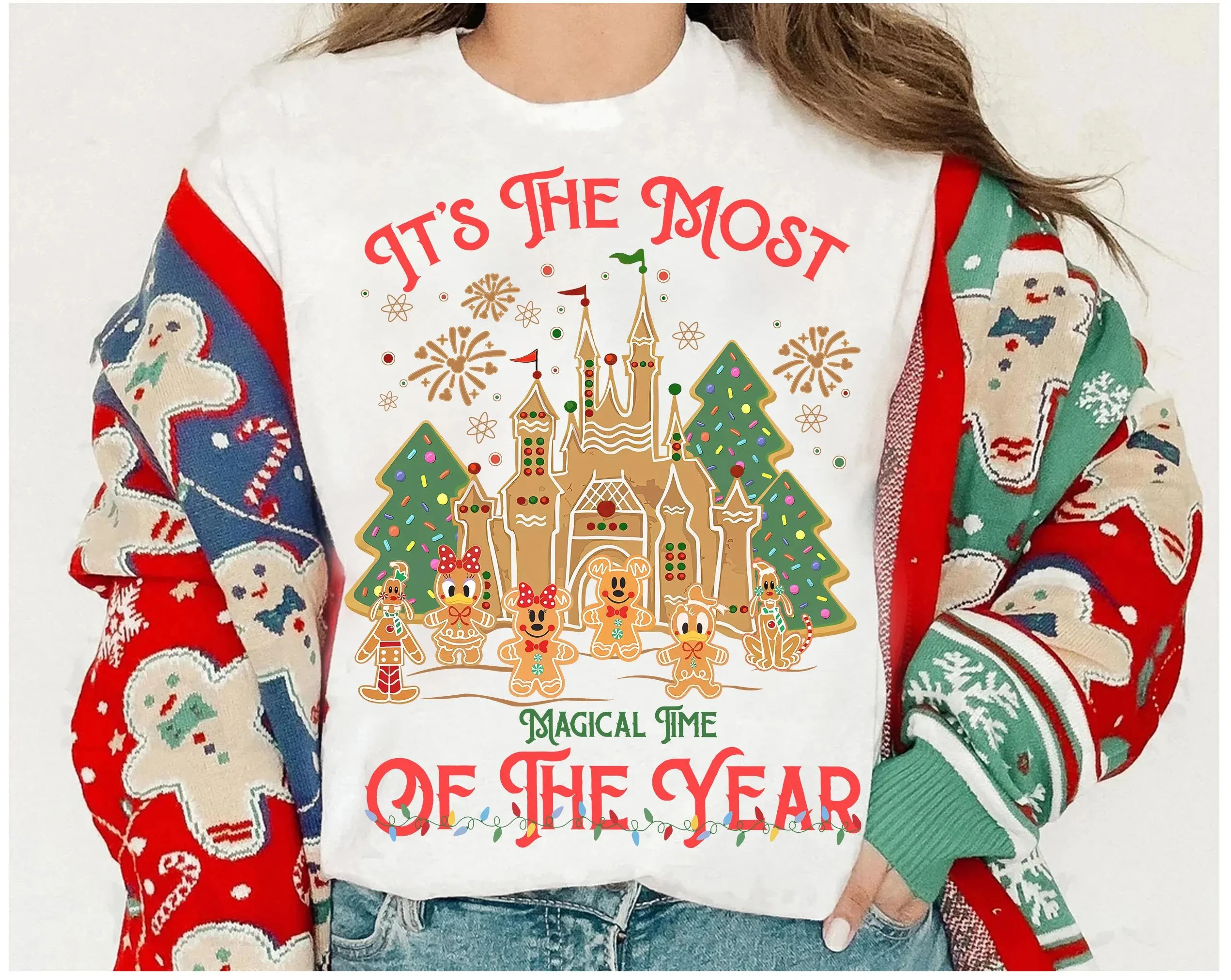 

Disney Castle Mickey and Friends Gingerbread Cookies T-shirt It's The Most Magical Time Christmas Lights Shirt