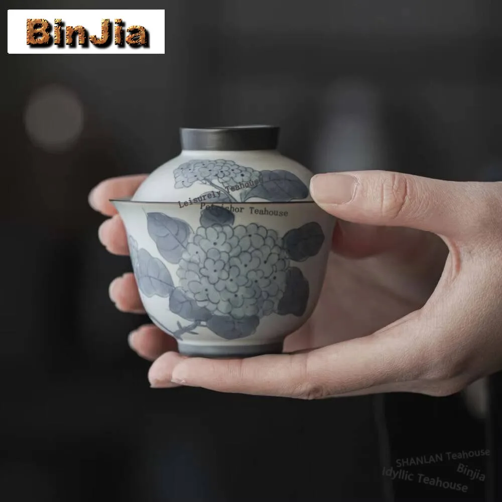 110ml Hand-painted Embroidered Ball Flower Gaiwan Antique Literati Ceramic Tea Tureen Handmade Tea Maker Cover Bowl Teaware Gift