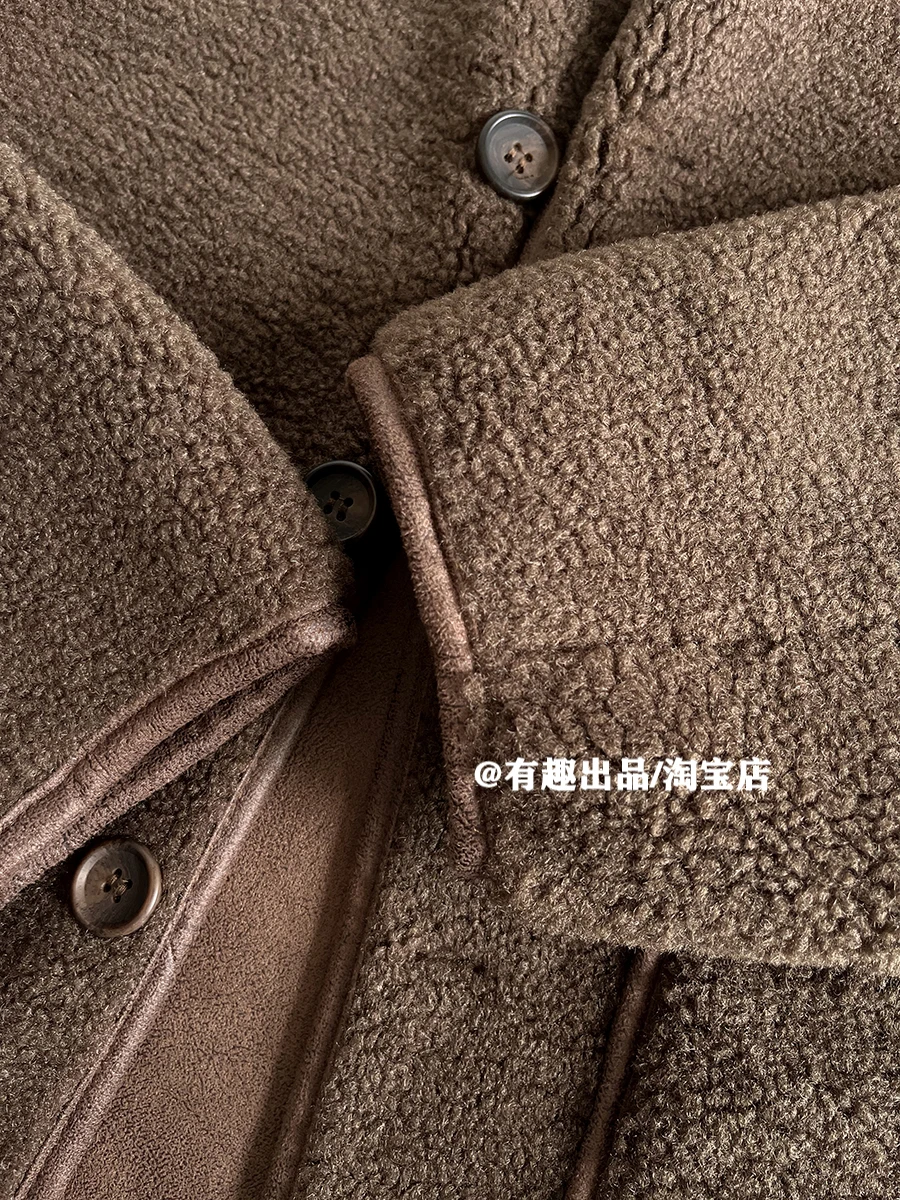 Jaket Bulu Domba Imitasi Berat Gaya Retro Jepang Tanpa Kerah Berlapis Tebal Tahan Angin dan Hangat Pakaian Luar Oversized Trendi