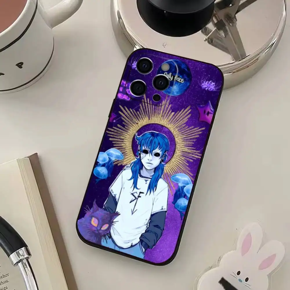 حافظة هاتف كارتون S-Sally Face SF لهاتف iPhone17,16,15,14,13,12,11 Plus، Pro Max غطاء أسود ناعم