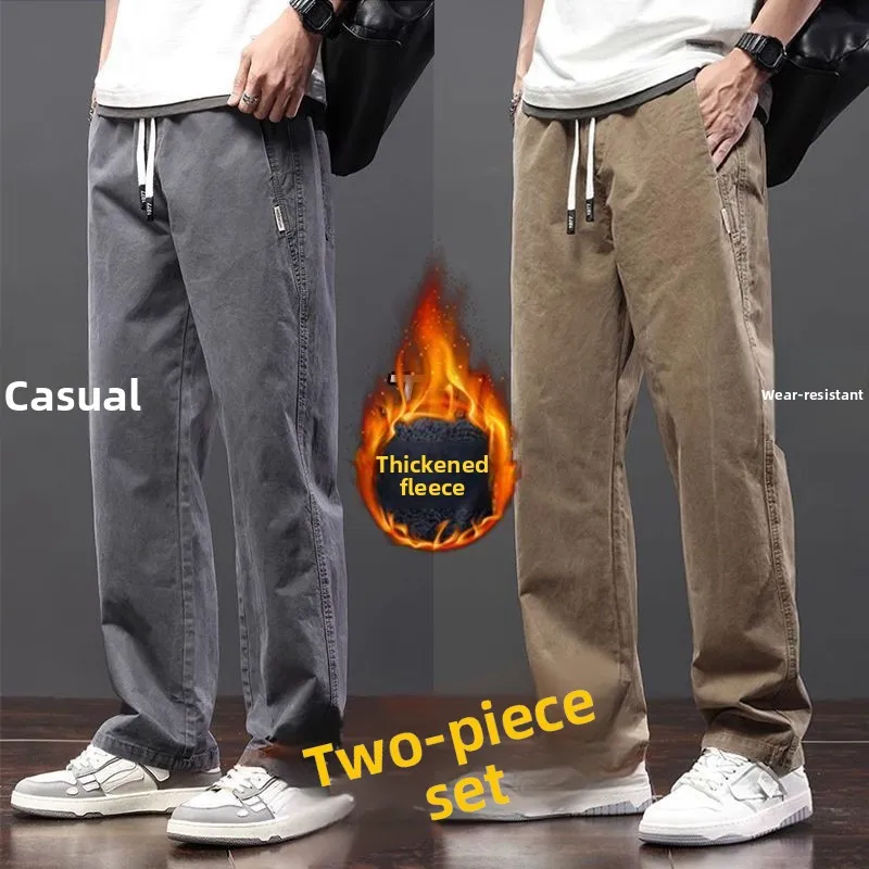 American Style Men's Casual Pants Fleece Lined Straight Leg Workwear Trousers Wear Resistant Autumn Winter New Arrival