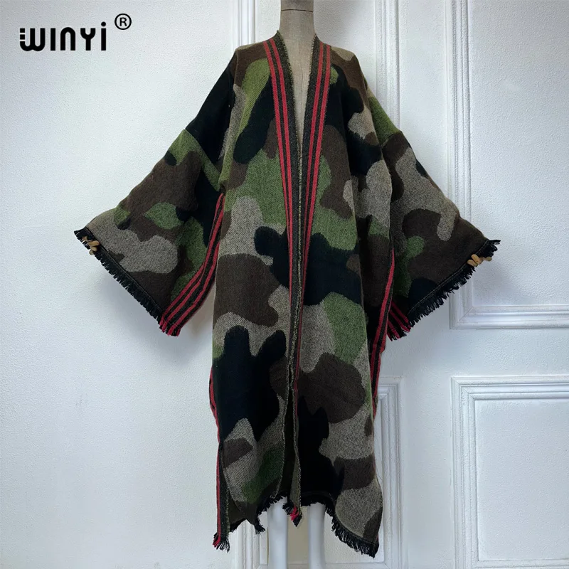 WINYI camouflage colour African women winter kimono long sleeve OverCoat abaya dubai luxury Open Front Long Cardigan party dress