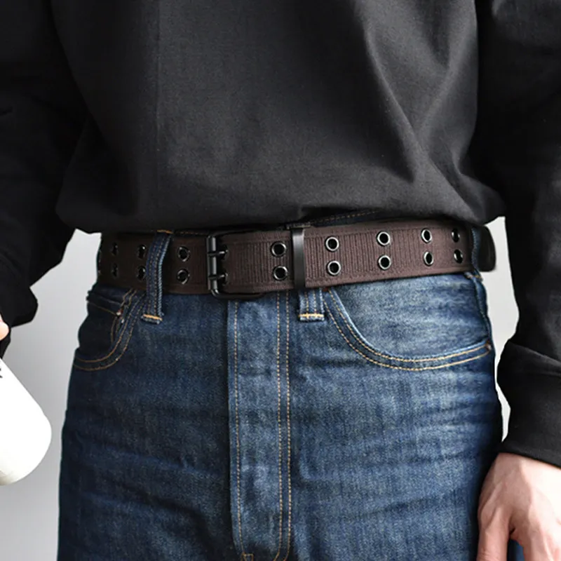 Men's Double Prong Buckle Woven Canvas Belt 3.8cm Wide Work Casual Belt Adjustable Solid Color Web Belt for Jeans & Cargo Pants