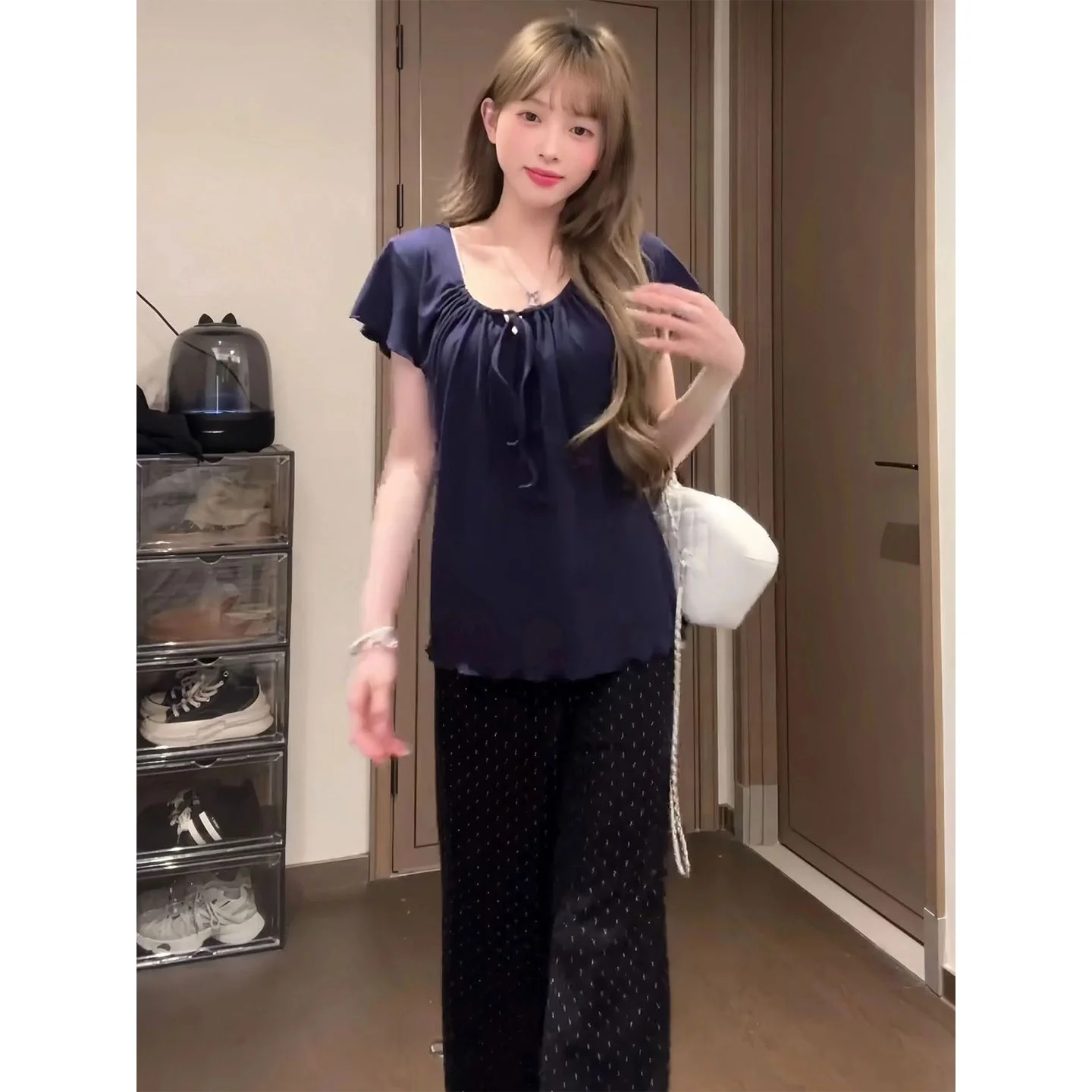 Loose Women's White Short Sleeve T-Shirt Summer New Style Korean Chic Belted Casual Straight Cut  Color Breathable Top
