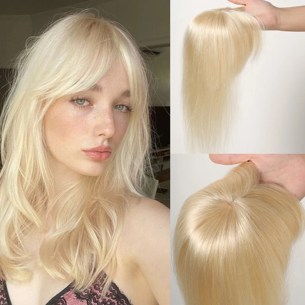 

Светильник светлые человеческие волосы Toppers Для женщин 100% Remy Topper Wig с челкой шелковая основа заколка в волосах Topper 10inch-12inch