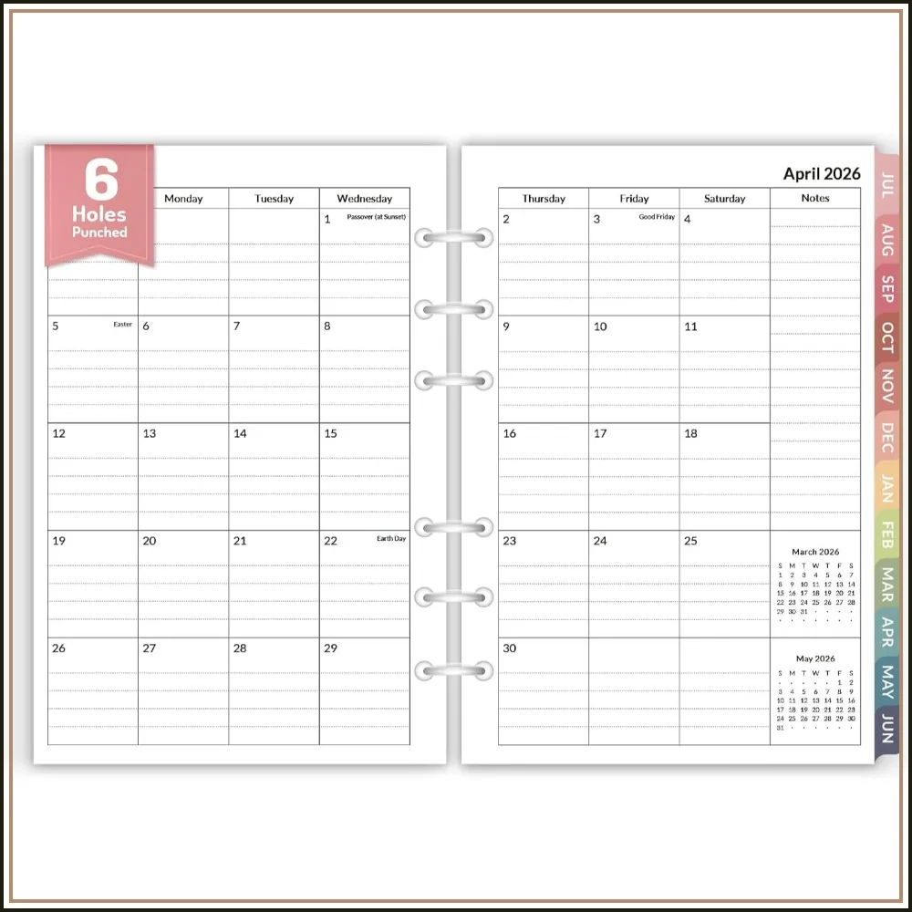 

2026 Monthly Planner Refills, Apr 2026 - Dec 2027, 6-Hole Punched Inserts with Monthly Tabs, for A5 6-Ring Binders, 5-3/4" x 8-1/4"