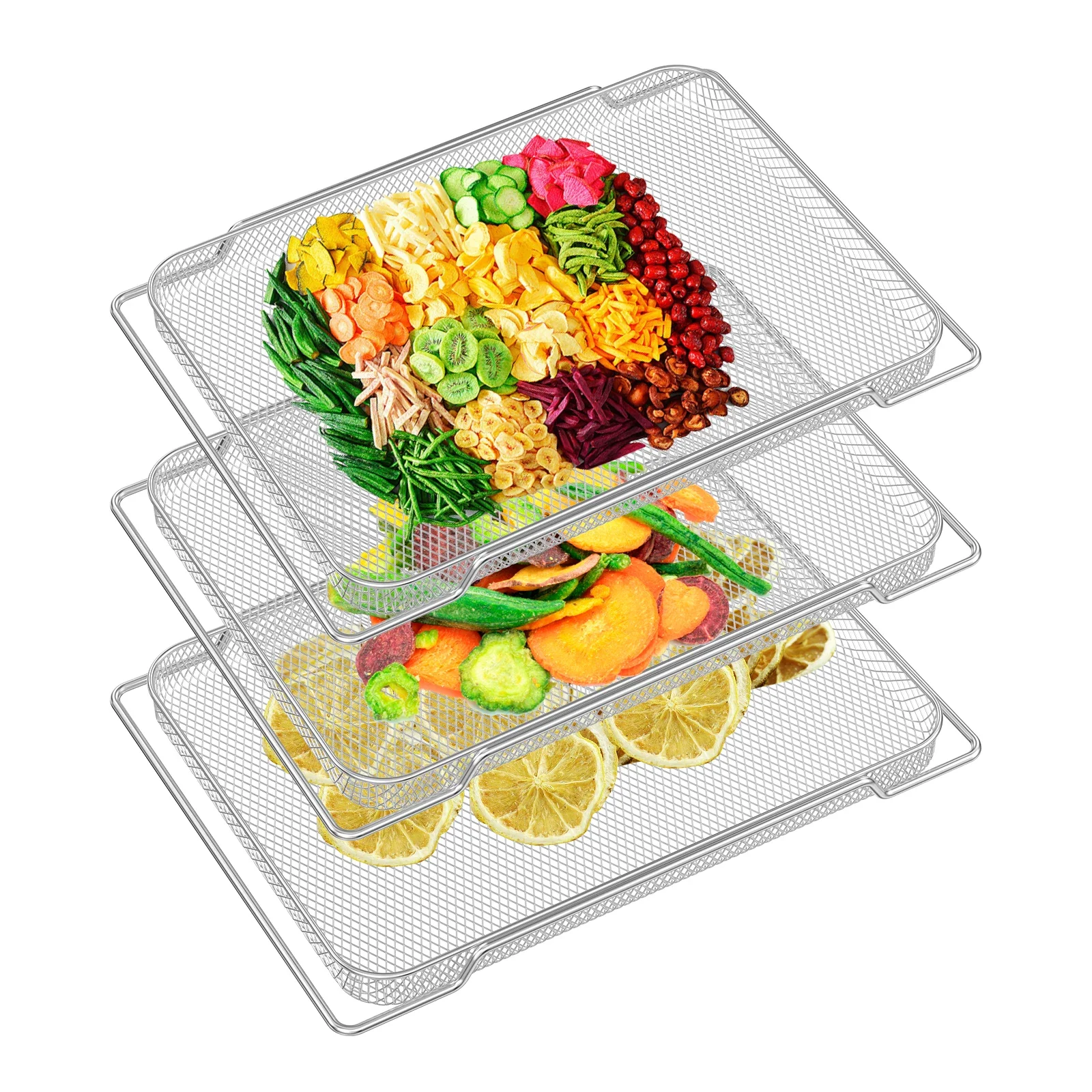 

3 шт. сетка для жарки фритюрницы с ручкой, равномерный нагревательный противень для духовки, корзина для обезвоживания мяса, бекона, сухофруктов