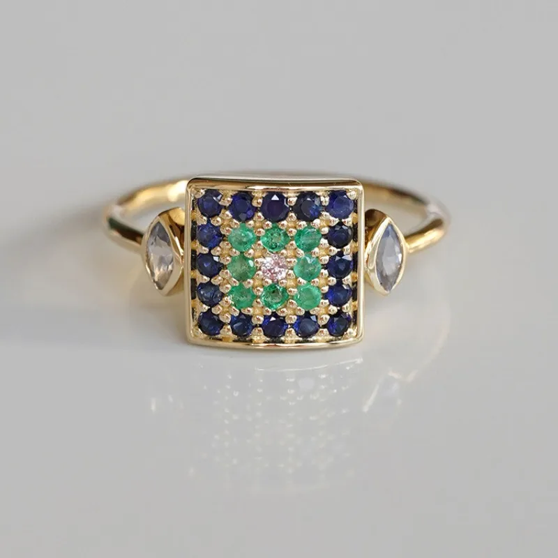 Fashion Personality Blue Green Crystal Geometric Ring for Women Retro Stainless Steel Adjustable Ring Jewelry Accessories Gift