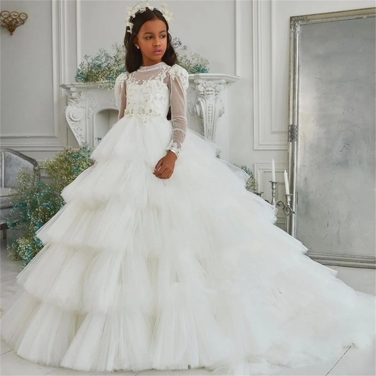 Flower Girl Dress White Layered Fluffy Tulle Lace Bow Wedding elegante Flower Child Birthday comunione Celebration Party Dress