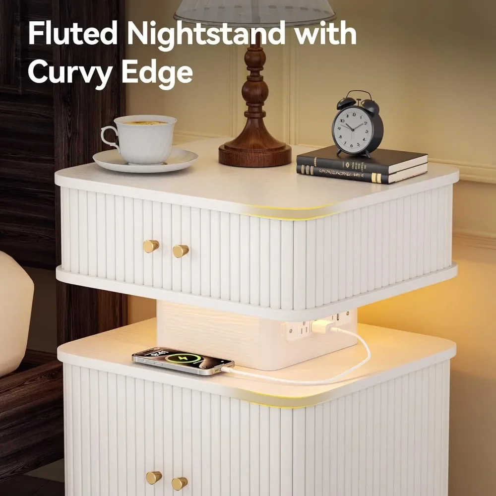 Contemporary 2-Drawer Nightstand with LED Lighting and Charging Port, Sliding Door Design