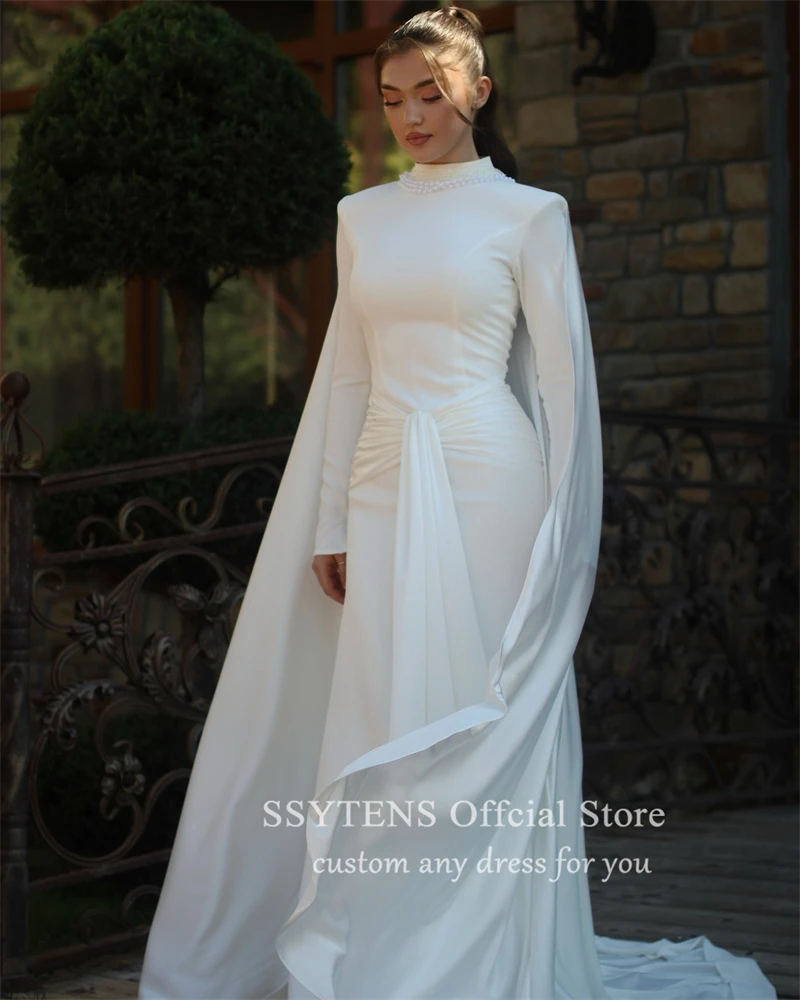 SSYTENS Long Sleeves Wedding Dresses High Neck Arabic Dubai Islamic Bridal Gowns With Shawl Customized Muslim Long Bride Dress