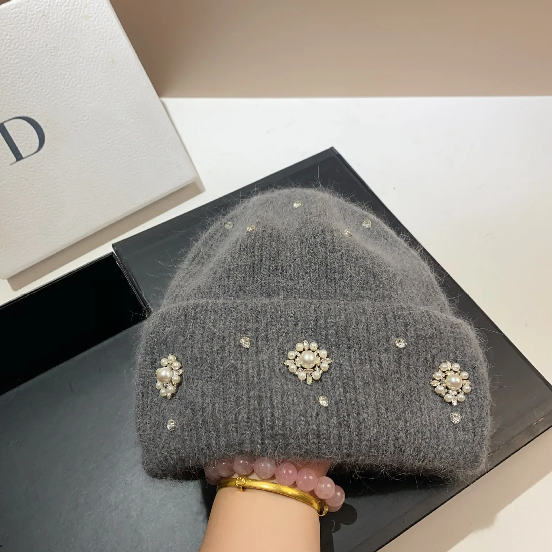 Pearl Rhinestone Rabbit Fur Beanies Fluffy Winter Hat for Women Angora Soft Warm Knitted Hat Beanies Female Bonnet  Knit Cap