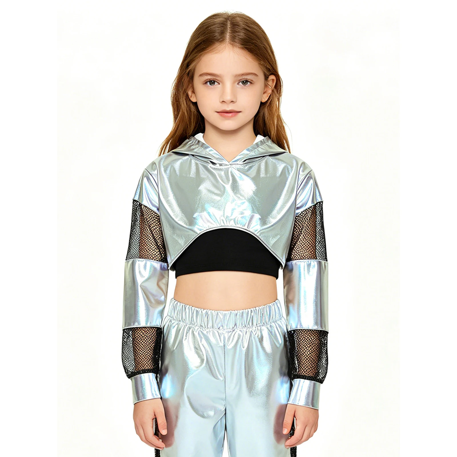 Kinder Mädchen Metallic Hoodie Hip-Hop Jazz Dance Performance Kostüm Mesh Patchwork Langarm Kapuzenpullover Crop Top Sweatshirt – Detail 4