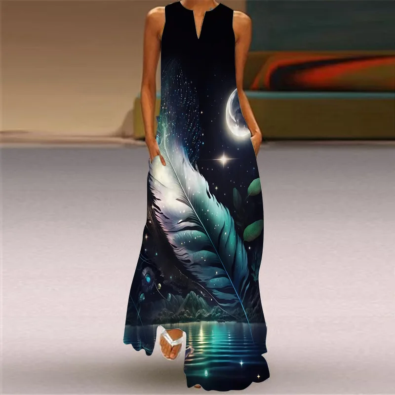 Women's Elegant 2024 Summer Women's Fashion Sexy Printed V-neck Sleeveless Plug In Dress Vetement Femme Vestido Playa Mujer