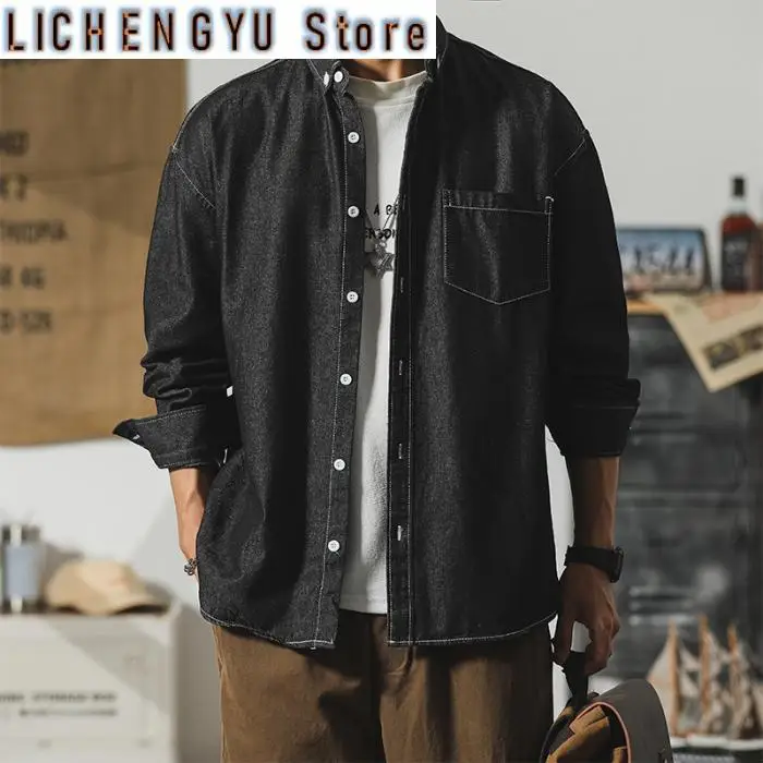Men's Casual Long Sleeve Button Up Cowboy Weatern Distressed Denim Work Shirt with Chest Pocket