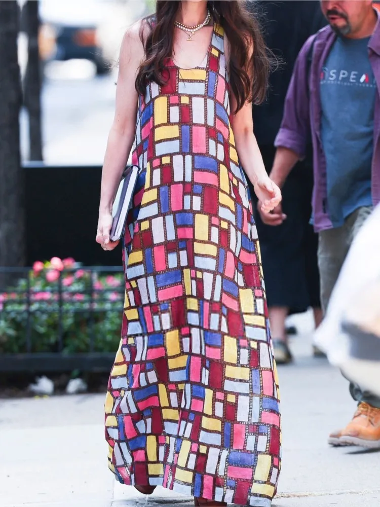 Summer Leisure Color Blocking Robe Woman Fashion Square Pattern Sleeveless Loose Dresses Ladies Beach Vacation Comfort Vestidos