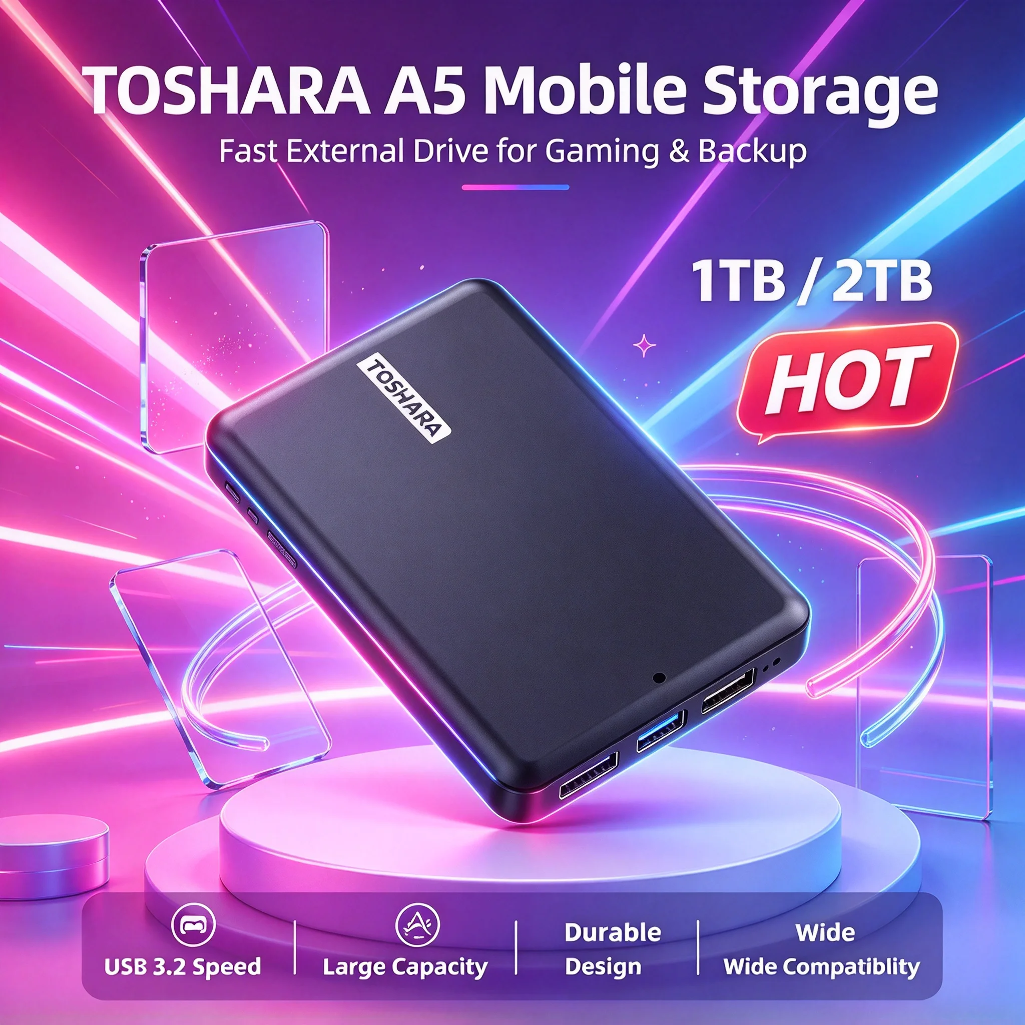 TOSHARA A5 Novo SSD de 1TB 500GB 1TB Disco Rígido Externo USB 3.1 Tipo-C Disco Rígido de Estado Sólido Móvel para Notebook Laptop/Mac