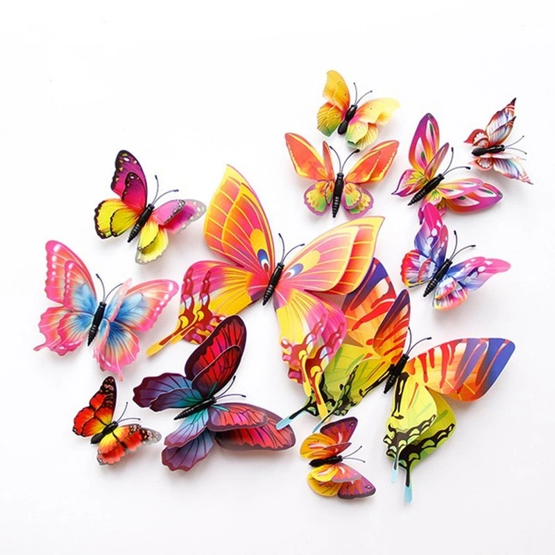 12pcs Colorful Double Layer Butterfly Wall Stickers Living Room Wedding Party Decor DIY 3D Art Magnet Wall Sticker Fridge Decals