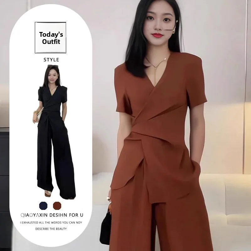 

Fashionable Summer Women's Suit Set V-Neck Wide Leg Pants Two-Piece Ensemble Elegant Waist-Cinching Design Trendy Workwear