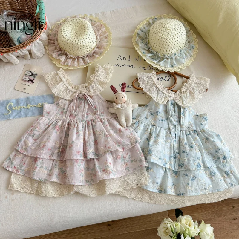 

Free Hat Original Sakura Weaving Feather～Girls' Summer Sweet Little Flutter Sleeve Gentle Floral Lace Dress