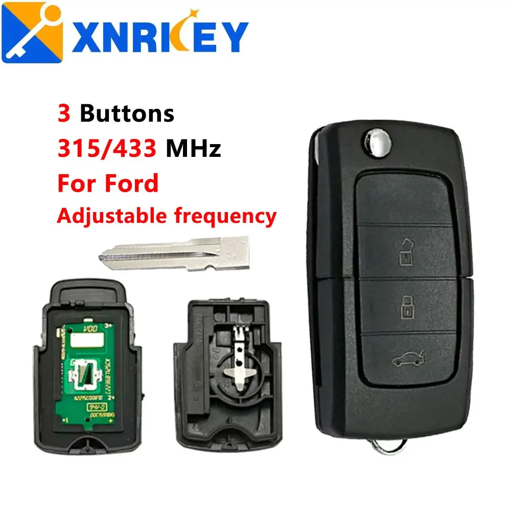 XNRKEY  Folding Flip Remote Car Key  3 Button  315/433Mhz for Ford Truck Button Remote Car Key Adjustable Frequency  NO Logo