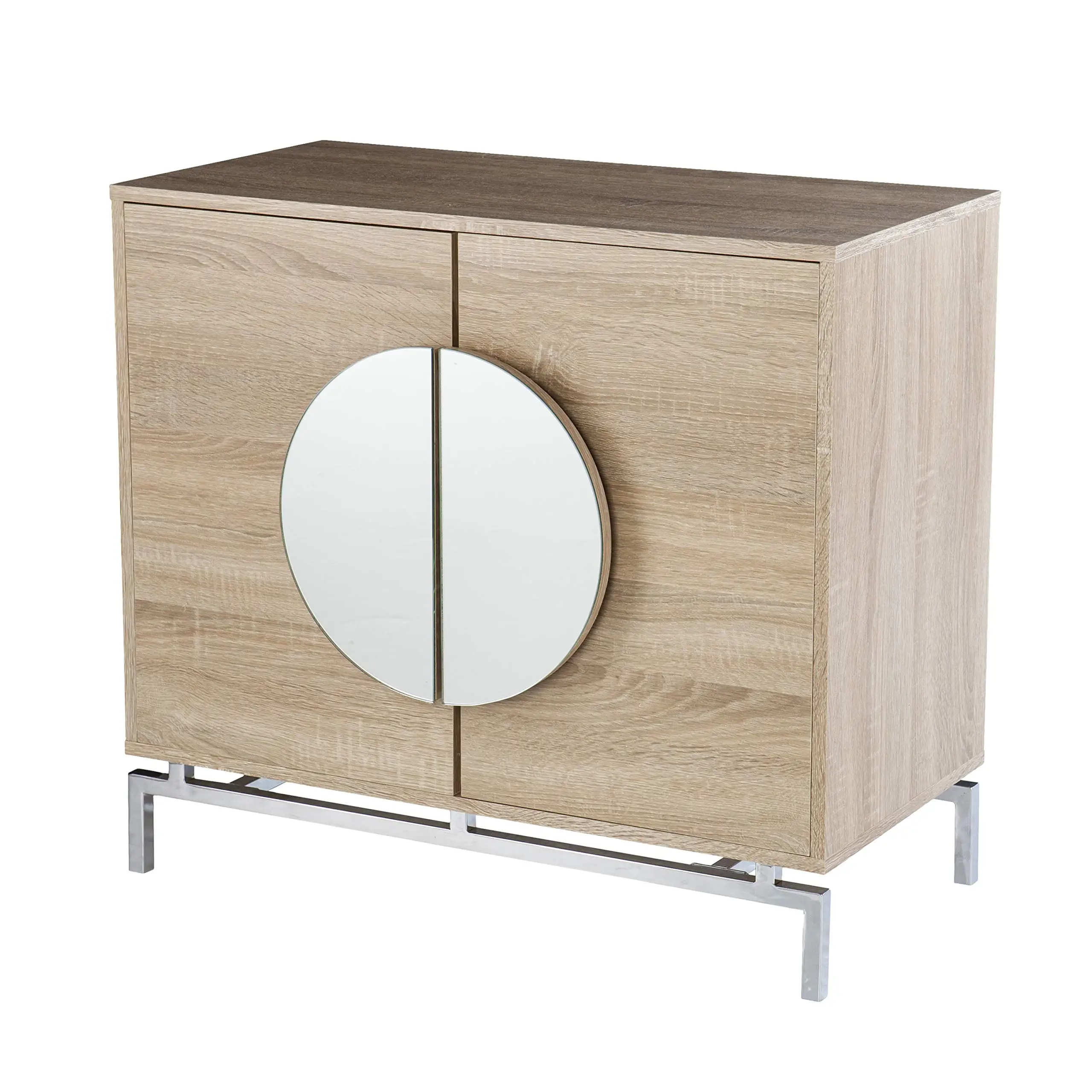 

Modern Wood And Metal Bar Cabinet With Circular Mirror Doors For Living Room Or Home Bar Setup