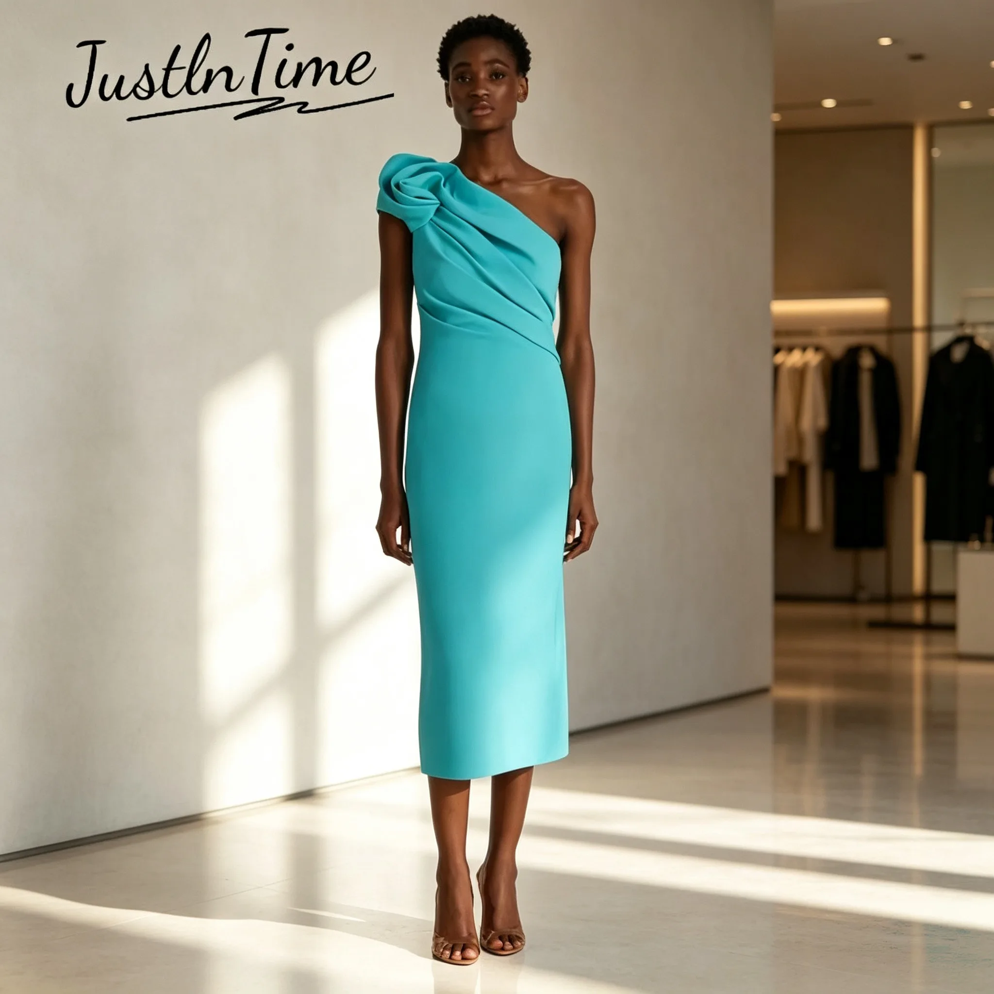 JUSTLNTIME Modern One Shoulder Mid-Calf Sheath Evening Dress Pleated Sleeveless Zipper Back 2026 Customized Vestido De Festa